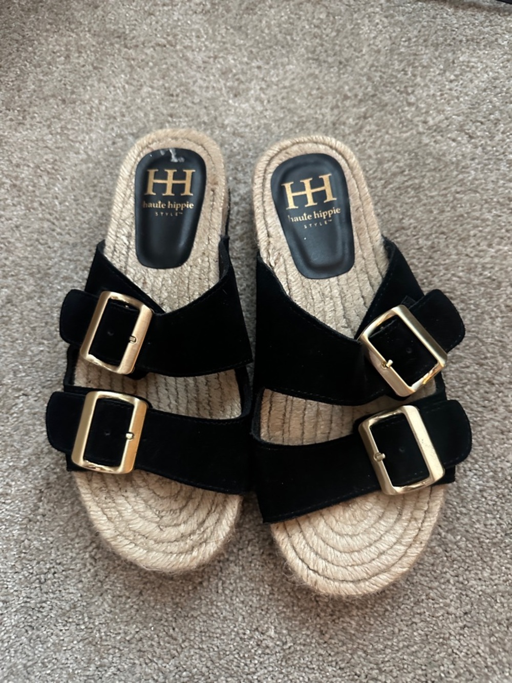 Haute Hippie Black Suede Double Buckle Espadrille Slide Sandals women’s 8.5